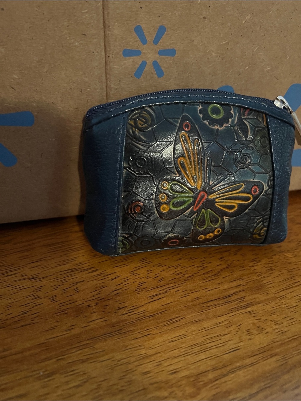 Butterfly Embossed Blue Leather Coin Pouch
